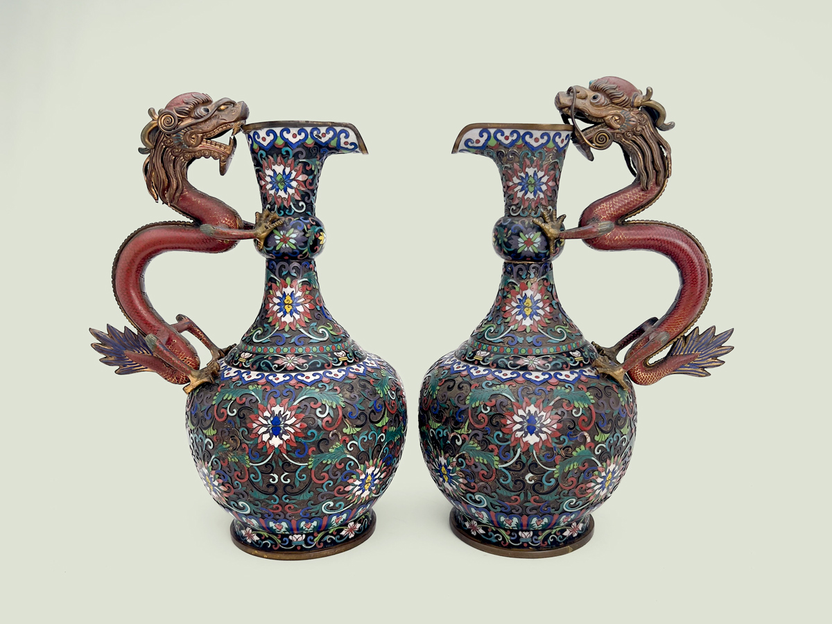 Chinese Cloisonne Enamel Vases with Dragon Handles