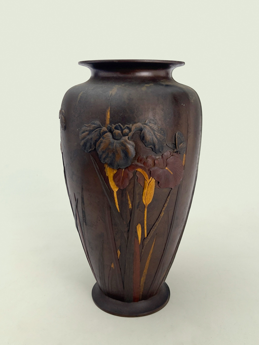 Kiryu Kosho Kaisha, Japanese Inlaid Patinated Bronze Iris Vase