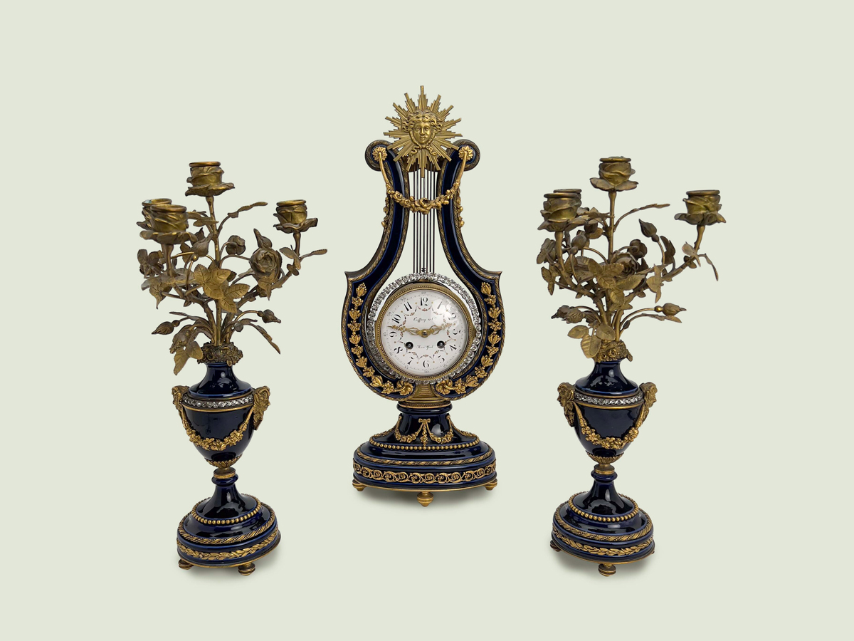 Tiffany & Co., Three-Piece Gilt Bronze and Porcelain Clock Garniture Set (Late 19th Century)