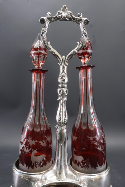 Ruby Red to Clear Bohemian Glass Decanters &amp; Stand