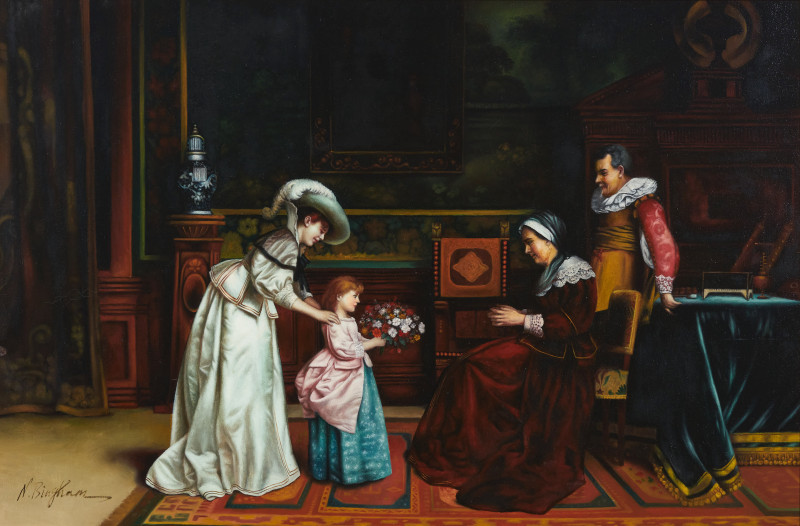 N. Henry Bingham - Untitled (Woman and young girl presenting bouquet of flowers to a sitting woman and standing man)