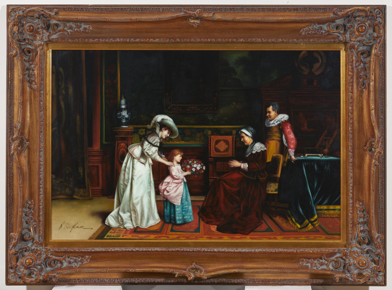 N. Henry Bingham - Untitled (Woman and young girl presenting bouquet of flowers to a sitting woman and standing man)