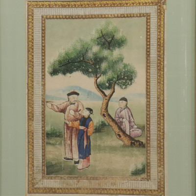 Pair Chinese Watercolor, 3 Figures &amp;amp; 1 Butterflies