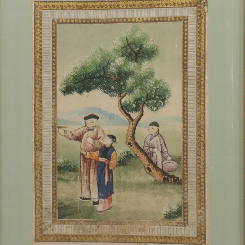 Pair Chinese Watercolor, 3 Figures &amp;amp; 1 Butterflies