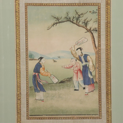 Pair Chinese Watercolor, 3 Figures &amp;amp; 1 Butterflies