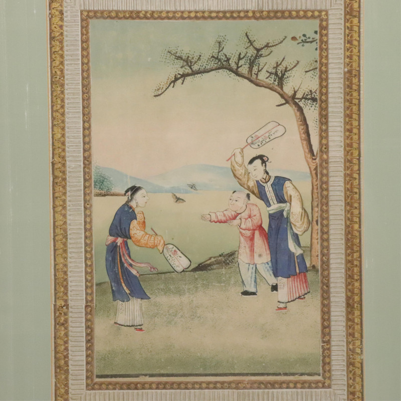 Pair Chinese Watercolor, 3 Figures &amp;amp; 1 Butterflies