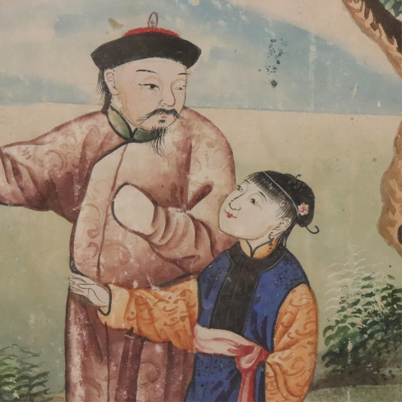 Pair Chinese Watercolor, 3 Figures &amp;amp; 1 Butterflies