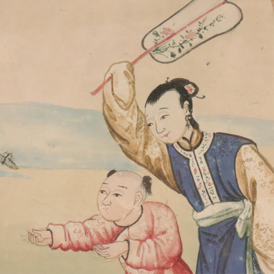 Pair Chinese Watercolor, 3 Figures &amp;amp; 1 Butterflies