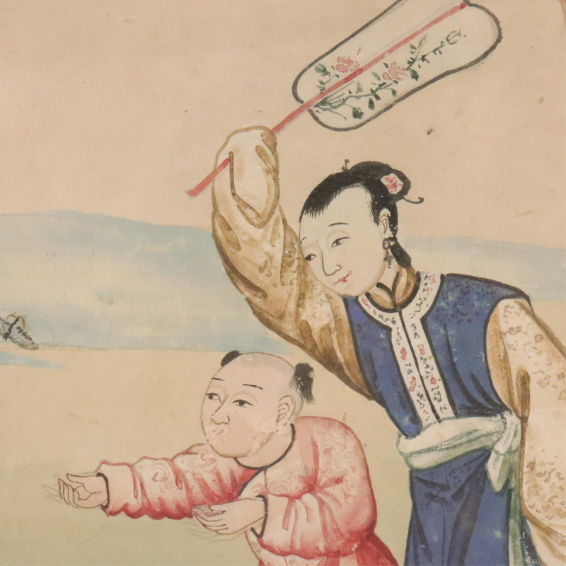 Pair Chinese Watercolor, 3 Figures &amp;amp; 1 Butterflies