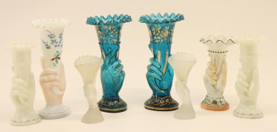 8 Glass Hand Vases; colored, milk &amp;amp; frosted