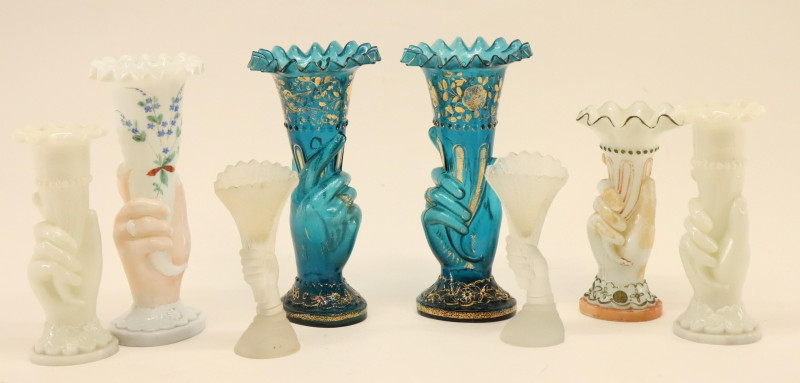 8 Glass Hand Vases; colored, milk &amp;amp; frosted