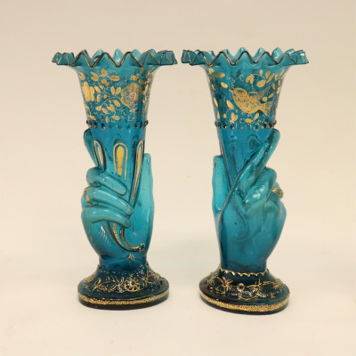 8 Glass Hand Vases; colored, milk &amp;amp; frosted