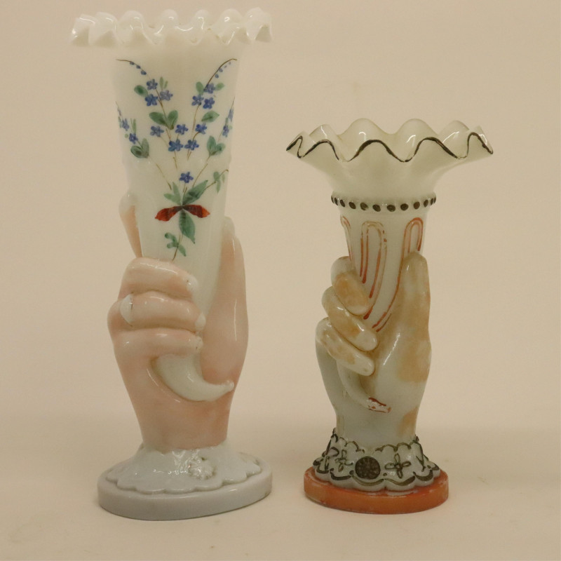 8 Glass Hand Vases; colored, milk &amp;amp; frosted