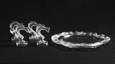 Lalique Crystal - Group of Four (4) Goujon Leaping Fish Card Holder (1) Fish Coupe Scalloped Dish Platter (1) Goujon Leaping Fish Ring Tray