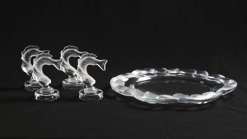 Lalique Crystal - Group of Four (4) Goujon Leaping Fish Card Holder (1) Fish Coupe Scalloped Dish Platter (1) Goujon Leaping Fish Ring Tray