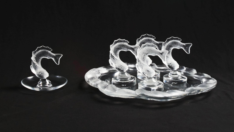 Lalique Crystal - Group of Four (4) Goujon Leaping Fish Card Holder (1) Fish Coupe Scalloped Dish Platter (1) Goujon Leaping Fish Ring Tray