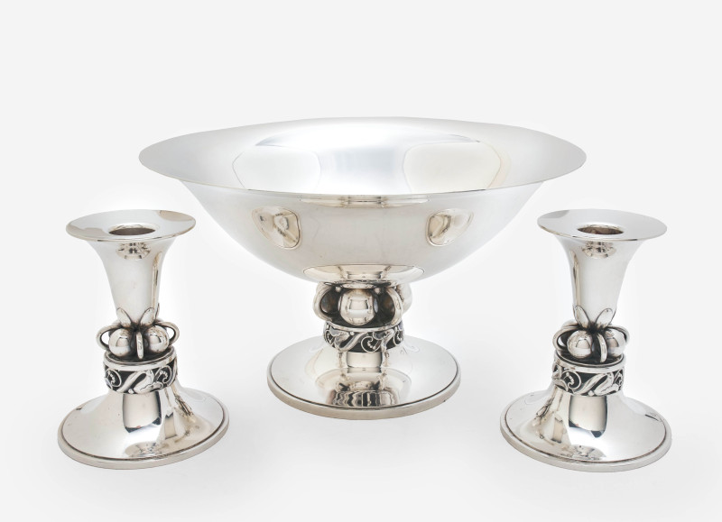 Alphonse La Paglia for Georg Jensen Silversmithy - Silver Center Piece and Pair of Candlesticks