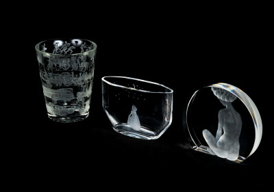 Scandinavian Glass Makers - Orrefors Glass vase with 2 other Engraved Pieces