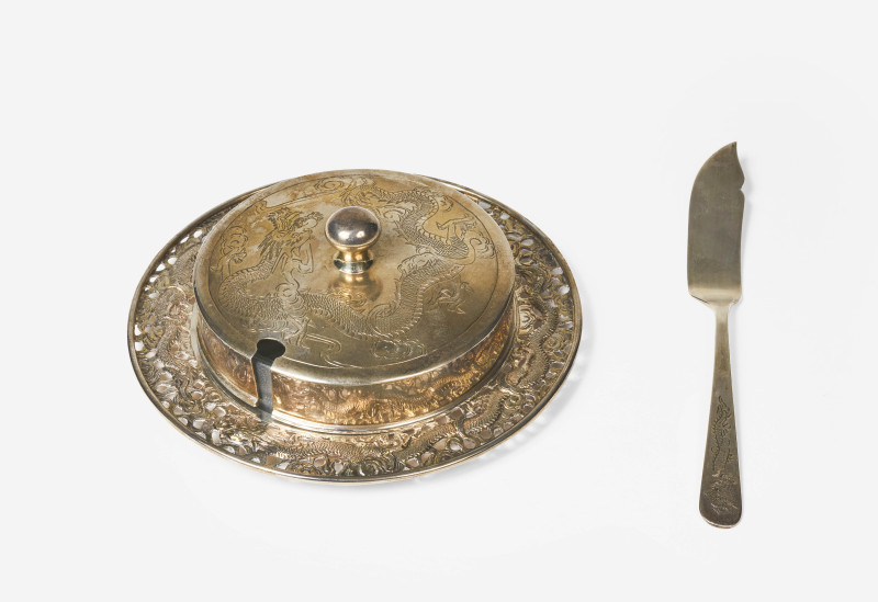 A Chinese Export Silver and Crystal Butter Dish with Knife c. 1940