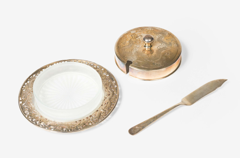 A Chinese Export Silver and Crystal Butter Dish with Knife c. 1940