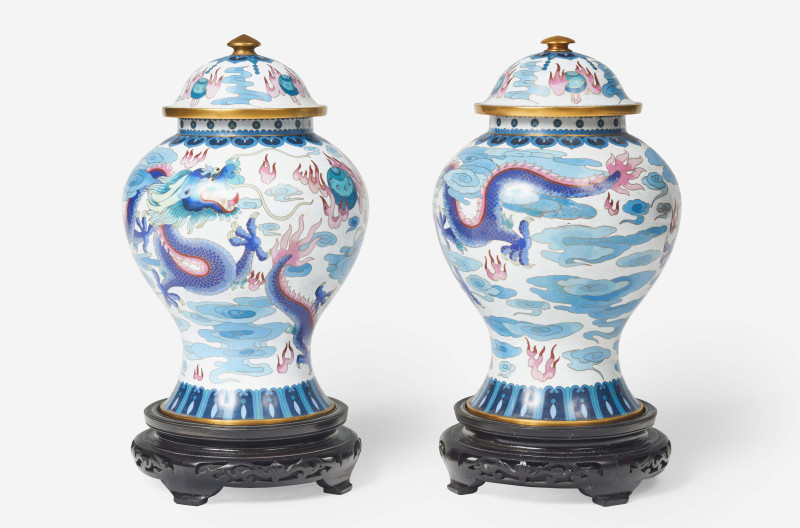 A Pair of Chinese Cloisonné Lidded Temple Vases with Dragon Motif