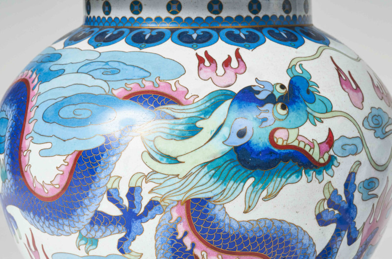 A Pair of Chinese Cloisonné Lidded Temple Vases with Dragon Motif