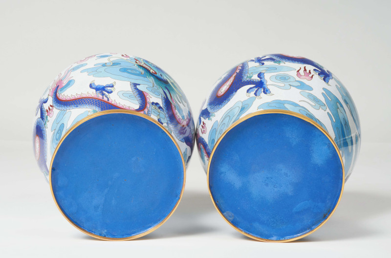 A Pair of Chinese Cloisonné Lidded Temple Vases with Dragon Motif