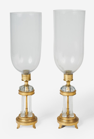 English Glazier - pair handblown hurricane lamps with brass and cut glass base