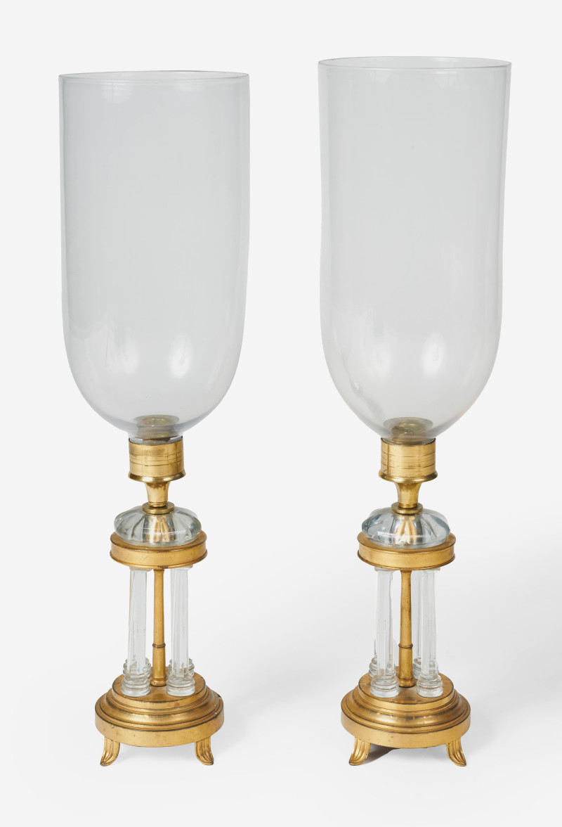English Glazier - pair handblown hurricane lamps with brass and cut glass base