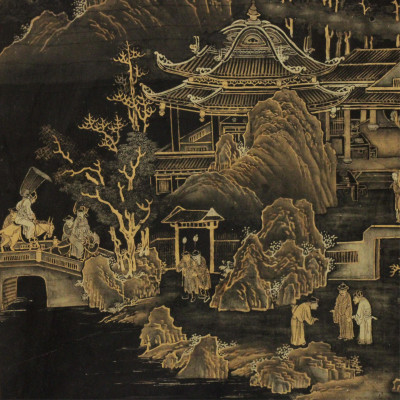 Chinese Gilt Decorated Black Lacquer Panel 19th C