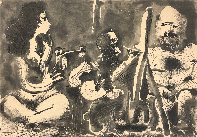 Pablo Picasso - Peintre au Travail avec Modele Barbu et Une Spectatrice Assise en Tailleur