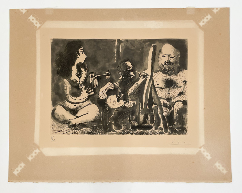 Pablo Picasso - Peintre au Travail avec Modele Barbu et Une Spectatrice Assise en Tailleur