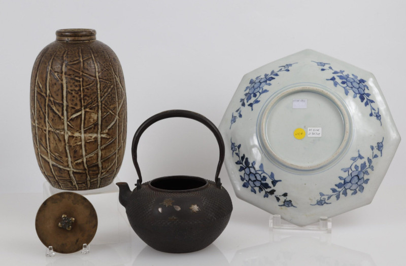 Japanese Iron Teapot and Imari Octagonal Plate