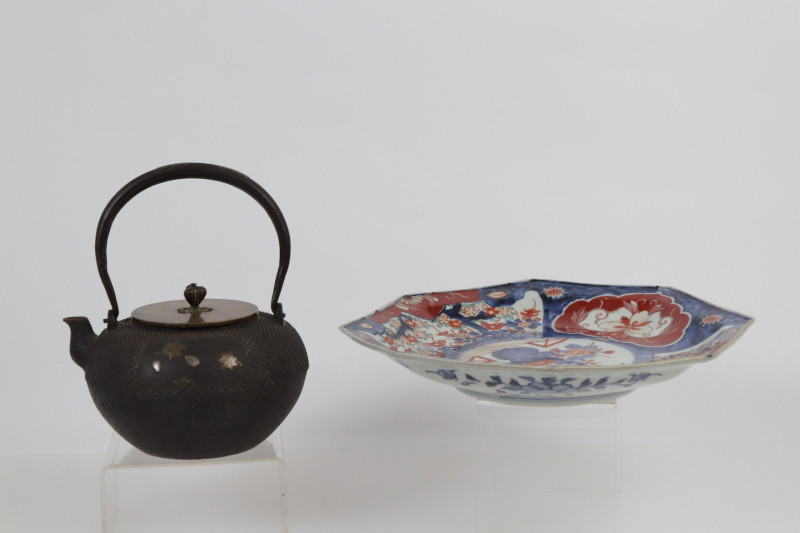 Japanese Iron Teapot and Imari Octagonal Plate