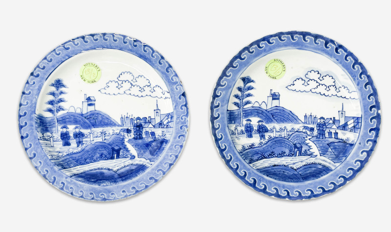 Pair of Blue and White Export Porcelain &apos;Deshima Island&apos; Plates
