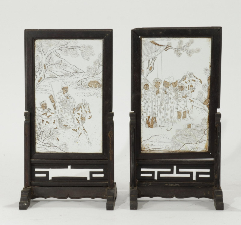 Pair Vintage Chinese Painted Glass Table Screens
