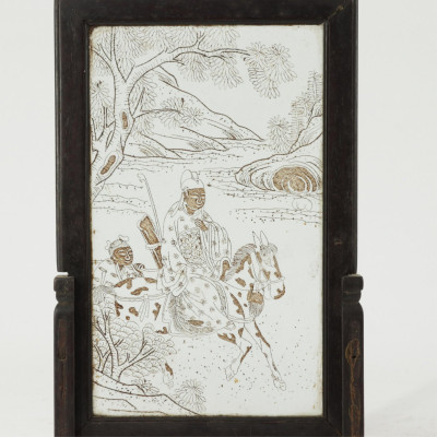 Pair Vintage Chinese Painted Glass Table Screens