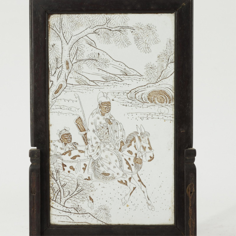 Pair Vintage Chinese Painted Glass Table Screens