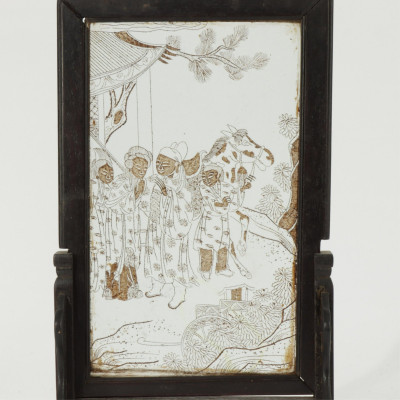 Pair Vintage Chinese Painted Glass Table Screens