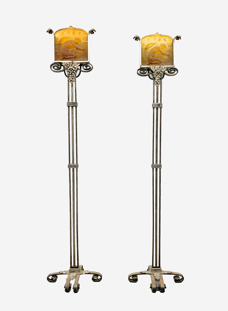 Pair Oscar Bach Floor Lamps with Steuben Glass Panels (Glass Damaged)