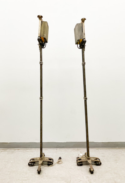 Pair Oscar Bach Floor Lamps with Steuben Glass Panels (Glass Damaged)