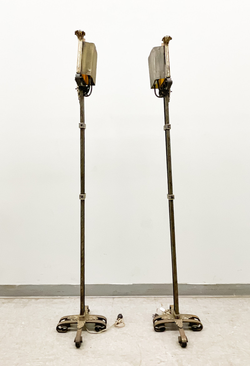 Pair Oscar Bach Floor Lamps with Steuben Glass Panels (Glass Damaged)