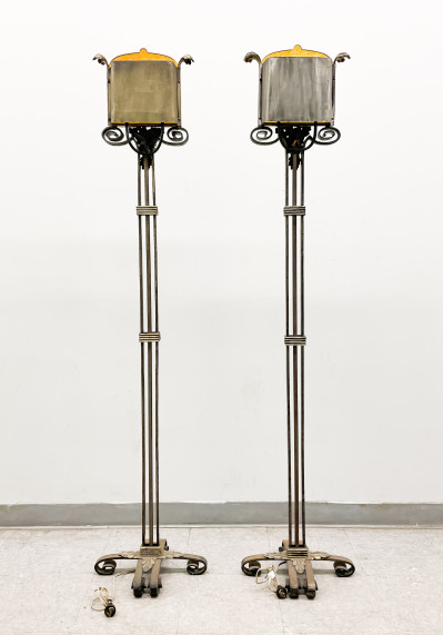 Pair Oscar Bach Floor Lamps with Steuben Glass Panels (Glass Damaged)