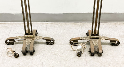 Pair Oscar Bach Floor Lamps with Steuben Glass Panels (Glass Damaged)