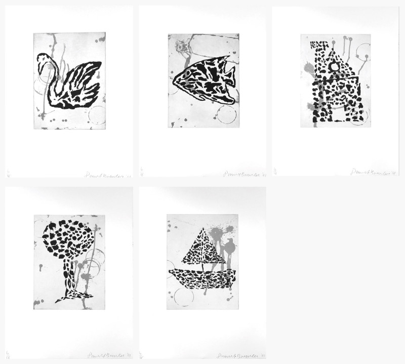 Donald Baechler A Month in the Country (set of 5 prints; Fish Tree Boat Swan and Stone House)