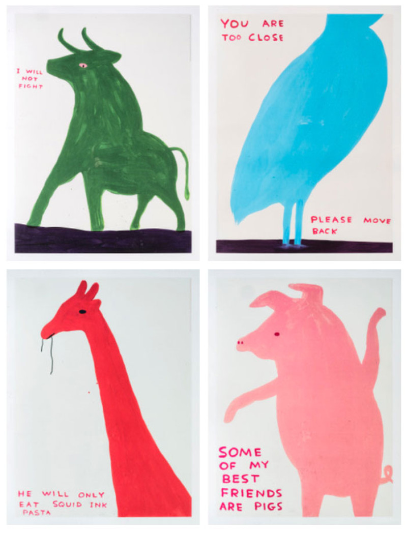 David Shrigley Animals Series (four works): You Are Too Close Some of My Best Friends Are Pigs I Will Not Fight He Will Only Eat Squid Ink Pasta