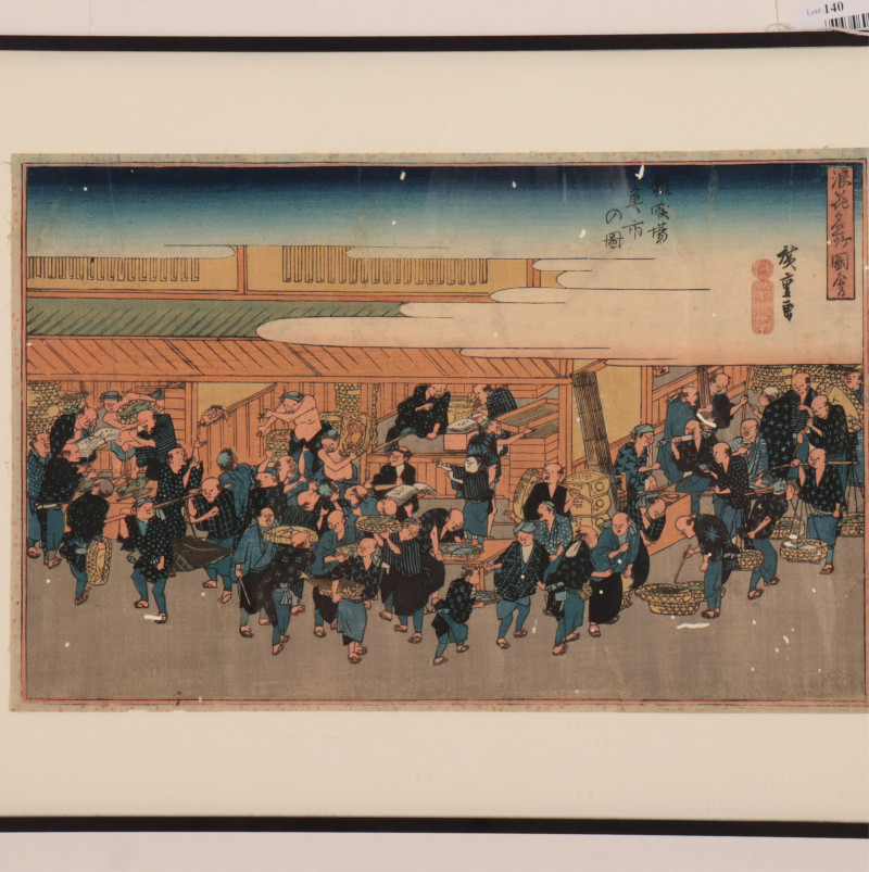 Utagawa Hiroshige, Fish Market at Zakoba, woodcut