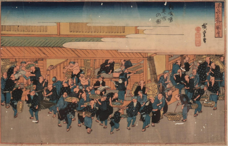 Utagawa Hiroshige, Fish Market at Zakoba, woodcut