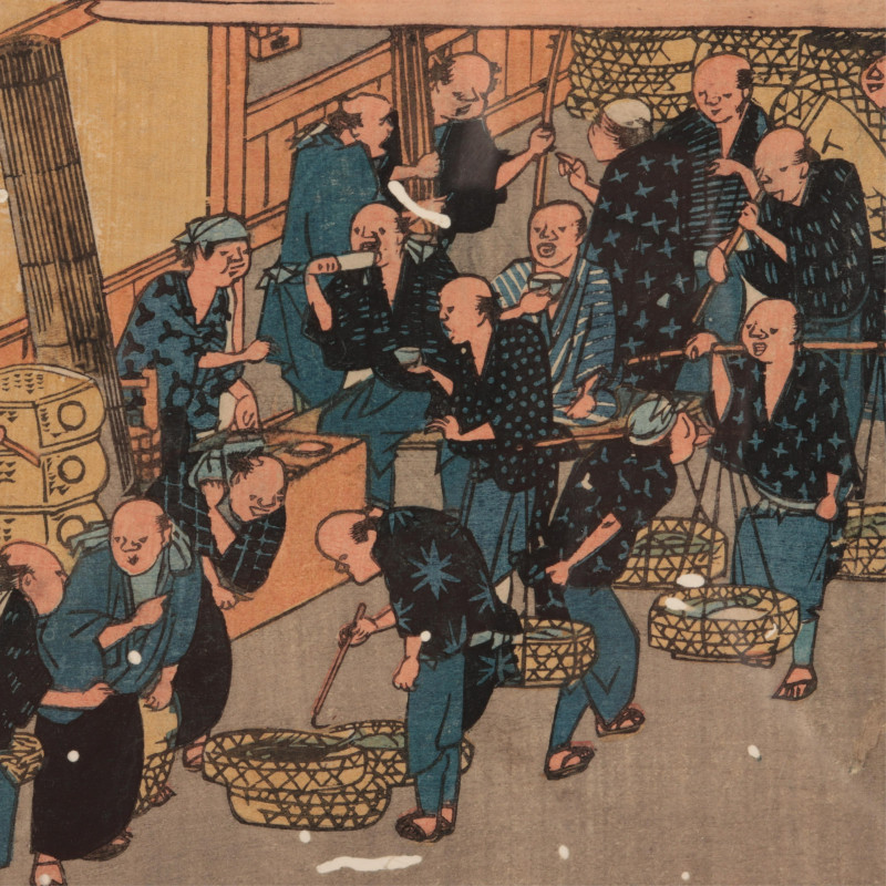 Utagawa Hiroshige, Fish Market at Zakoba, woodcut
