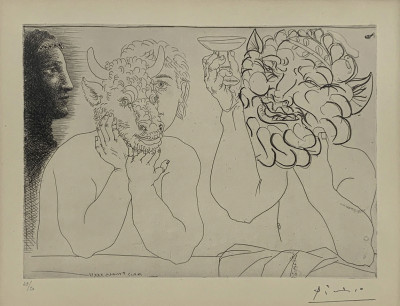 Pablo Picasso - Caisse a Remords: Jeune homme au masque de taurea, faune et profil de femme ( B.279)